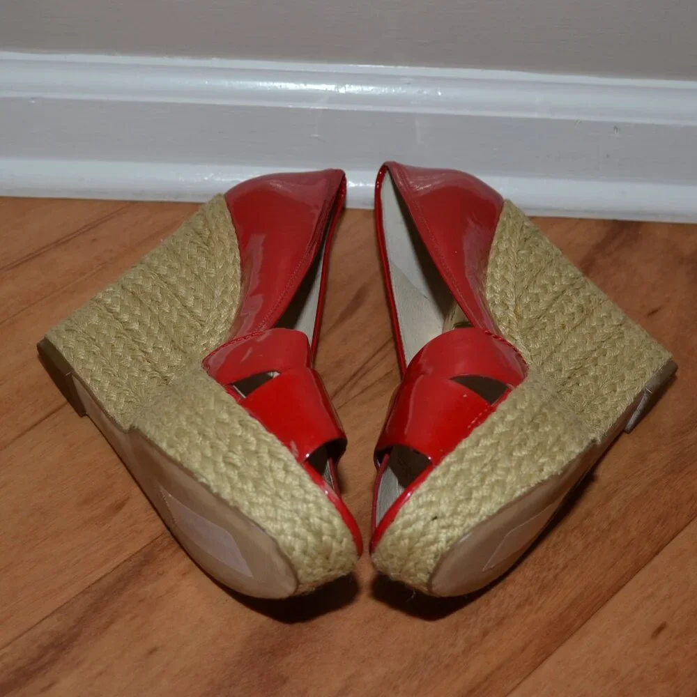 Michael Kors red leather Casandra Espadrille open toe Platform wedge sandals 8.5